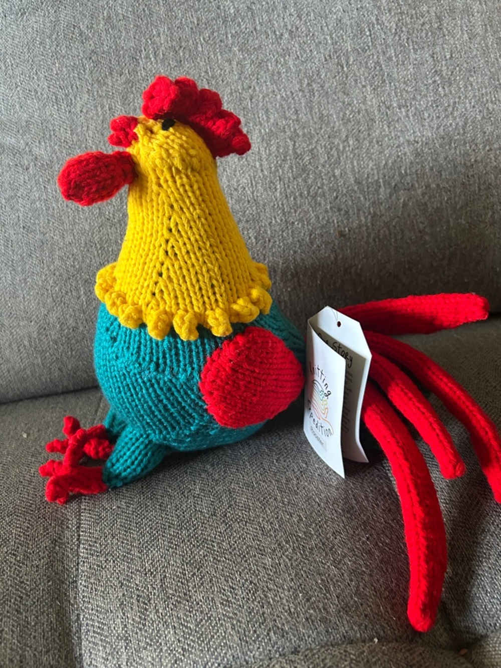 Handmade Knit Rooster Figurine in Yellow, Teal & Red